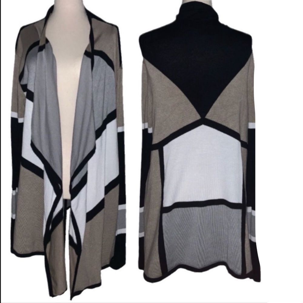 GRACE ELEMENTS COLOR BLOCK CARDIGAN SWEATER | GRAY BLACK TAN WHITE | SIZE XL
